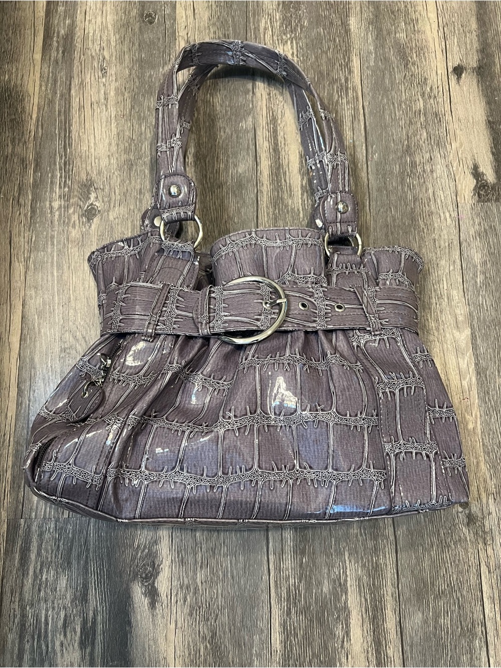 Vintage Y2K Patent Buckle Cinch Shoulder Bag Chateau Slouchy Croc Embossed Gray